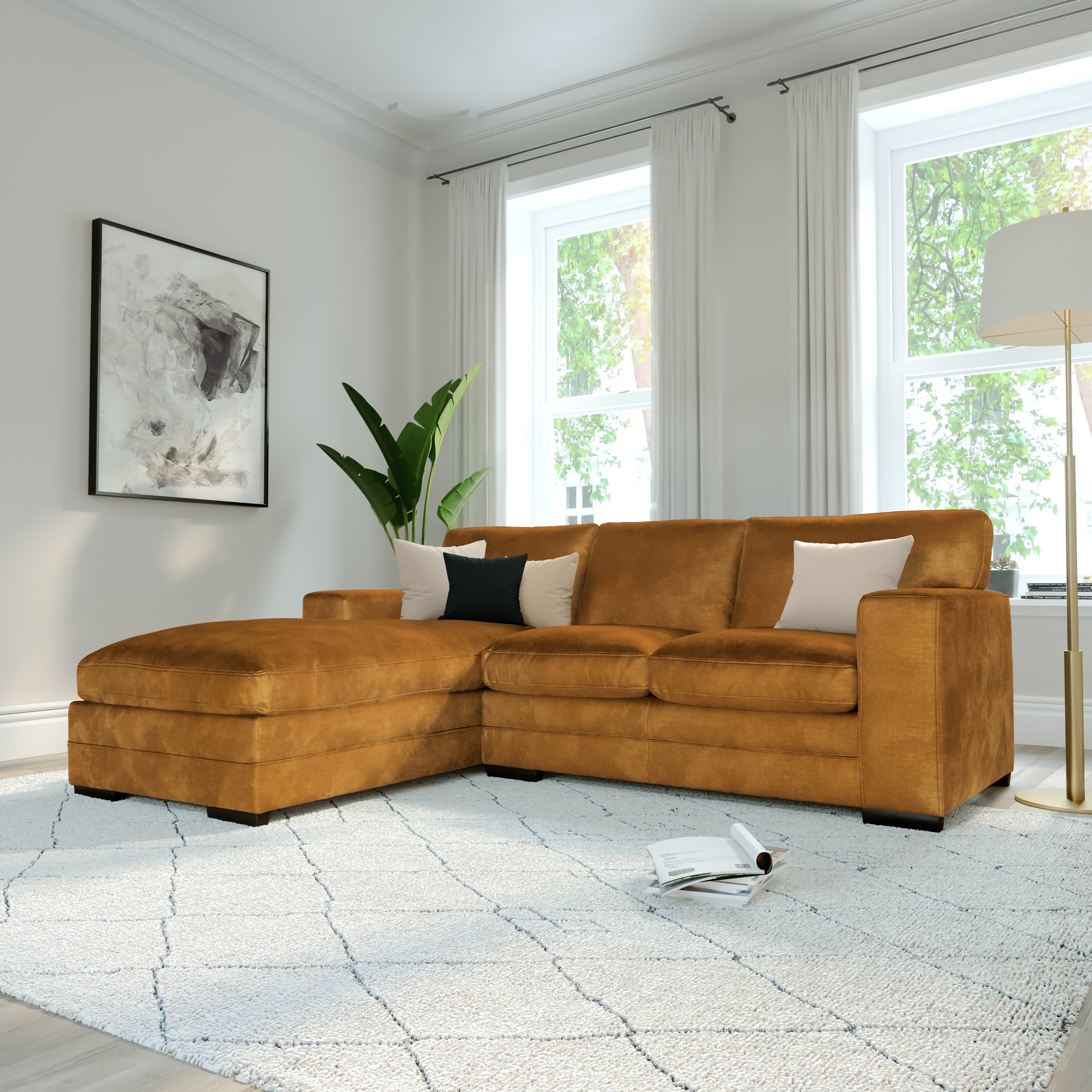 Manhattan L-Shape (Left) Corner Sofa, Mustard Aura Velvet