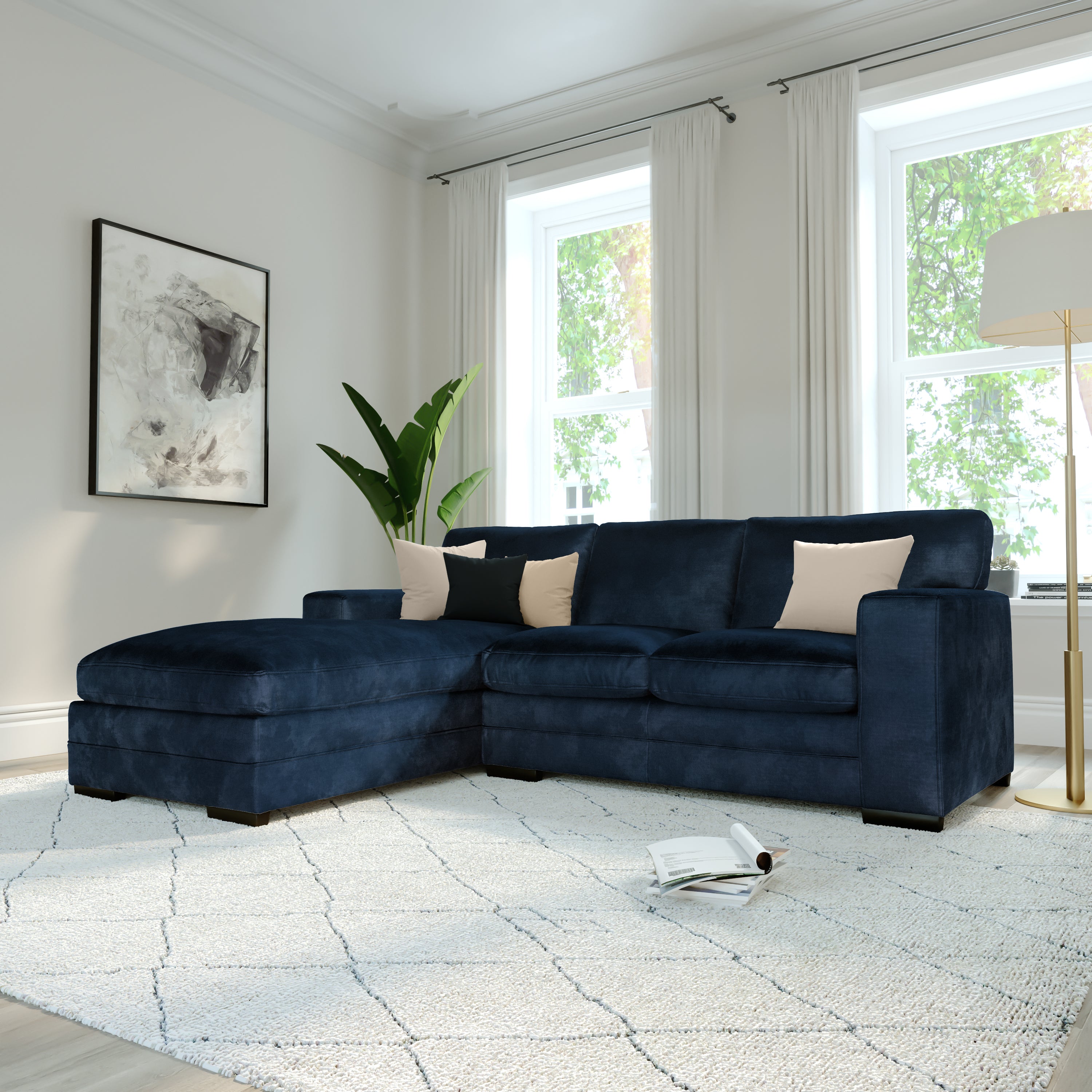 Manhattan L-Shape (Left) Corner Sofa, Blue Aura Velvet