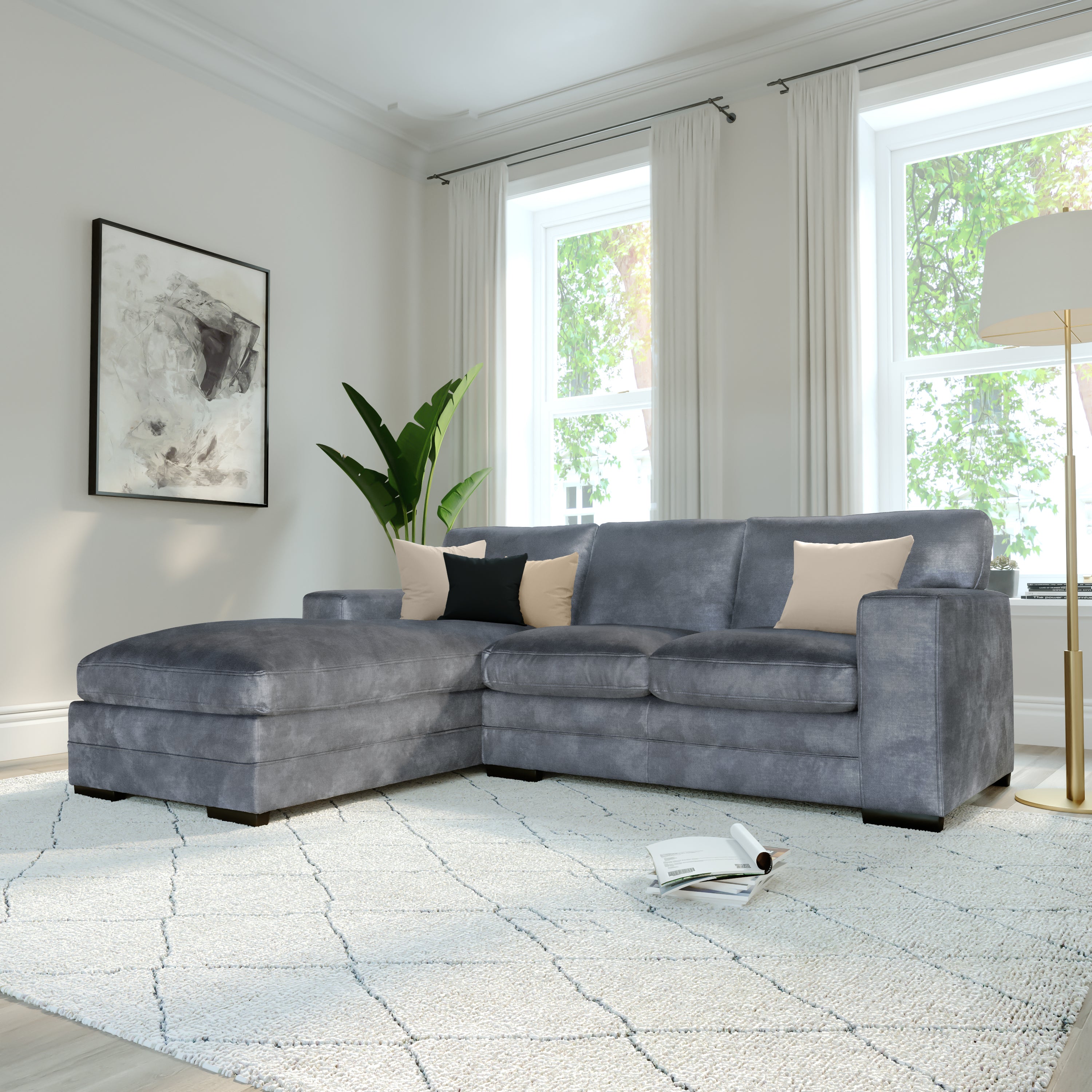 Manhattan L-Shape (Left) Corner Sofa, Grey Aura Velvet
