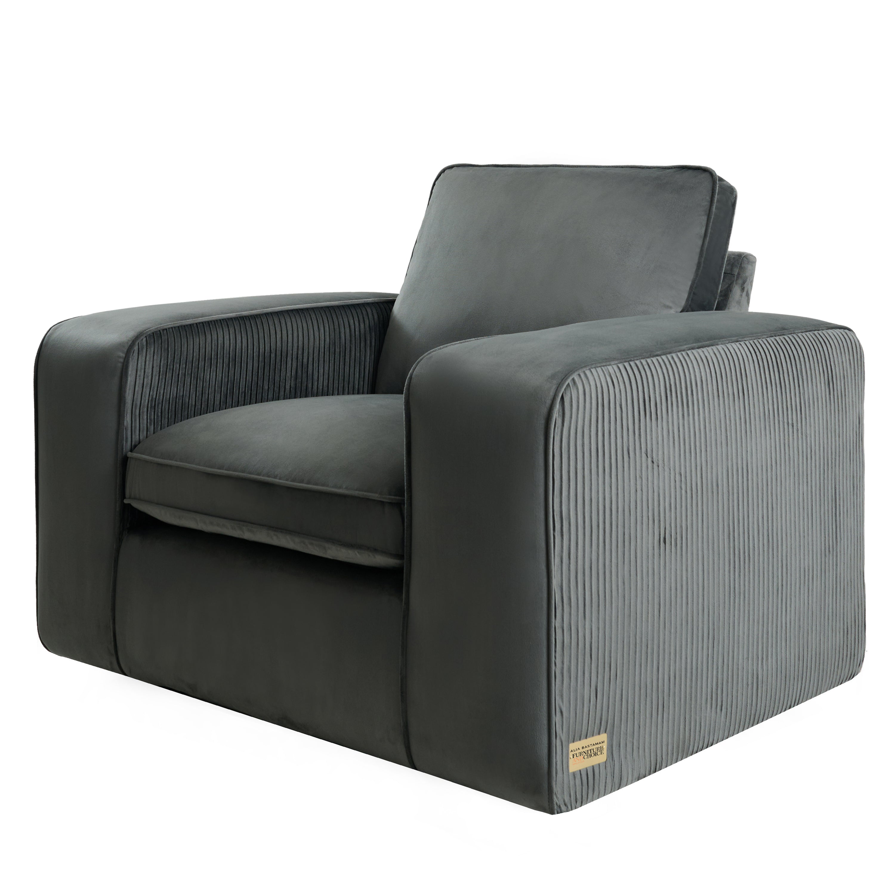 Alia Bastamam; Amaya Armchair, Slate Grey Pleated Premium Velvet