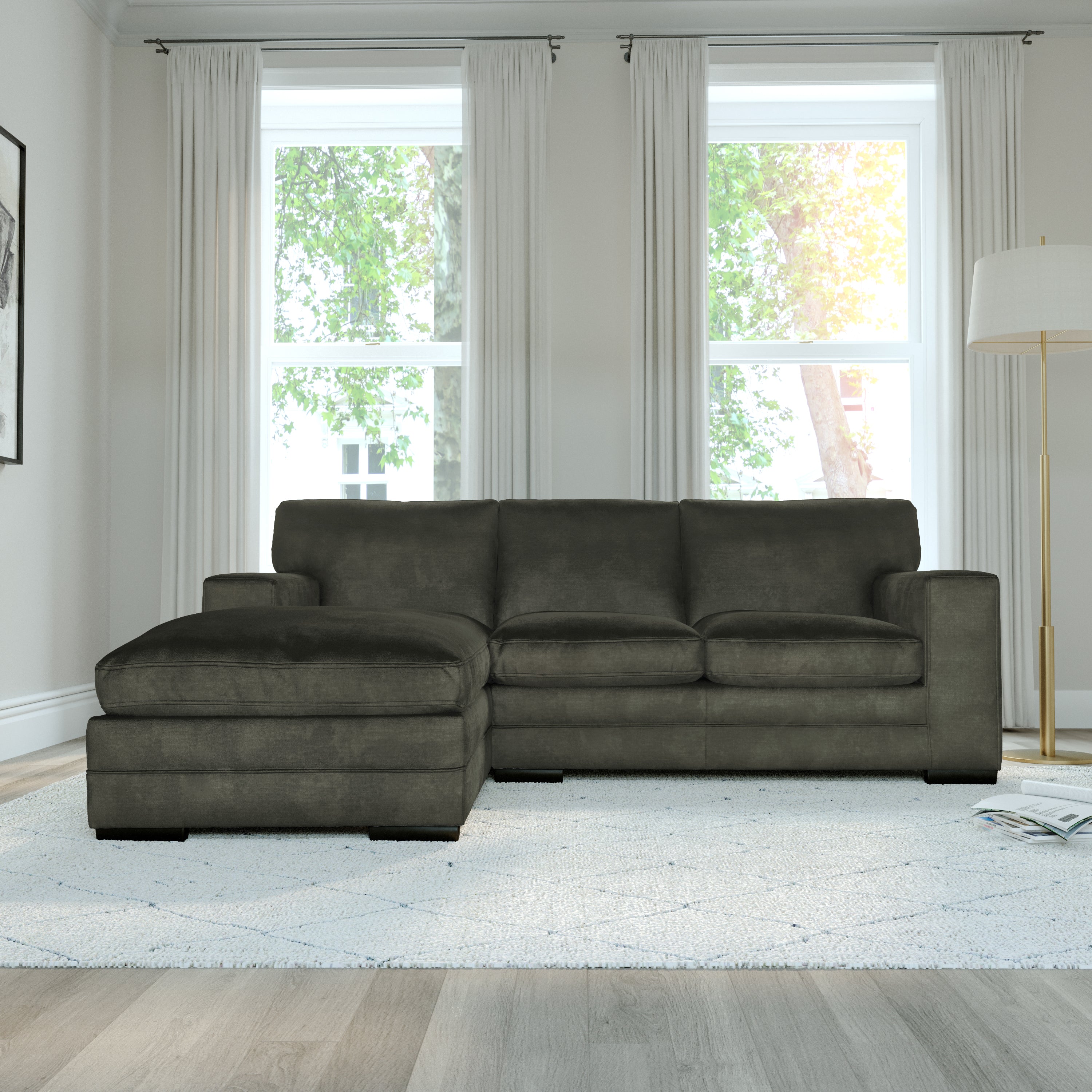 Manhattan L-Shape (Left) Corner Sofa, Moss Green Aura Velvet