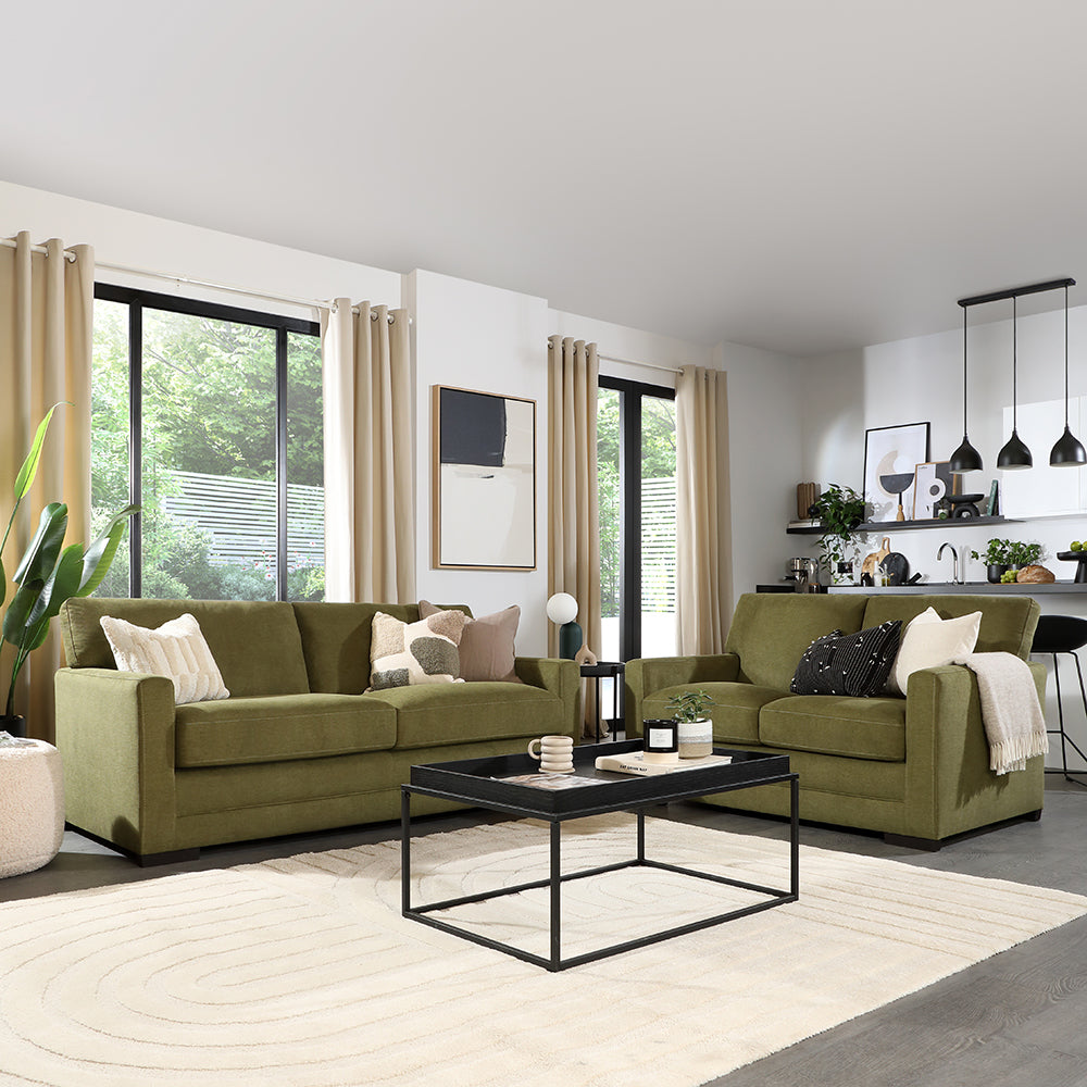 Arden 3+2 Seater Sofa Set, Olive Green House Plush Fabric