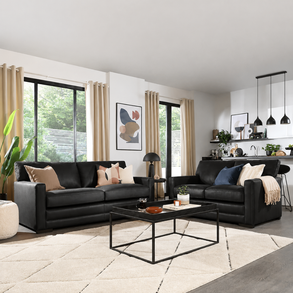 Arden 3+2 Seater Sofa Set, Black Premium Faux Leather