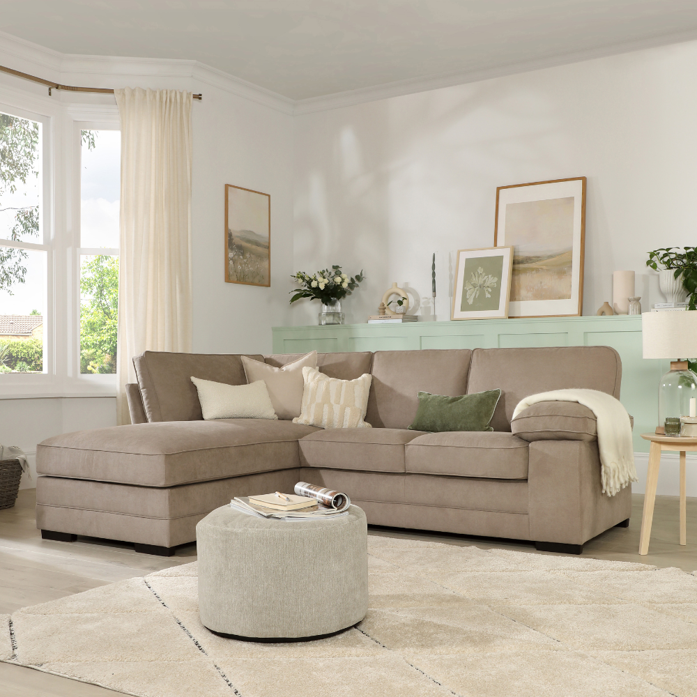 Chatham L-Shape (Left) Corner Sofa, Beige House Plush Fabric