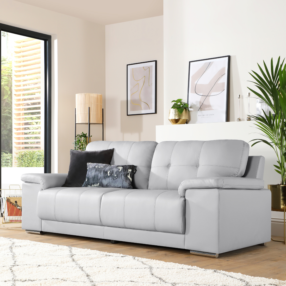 Kansas 3 Seater Sofa, Light Grey Premium Faux Leather
